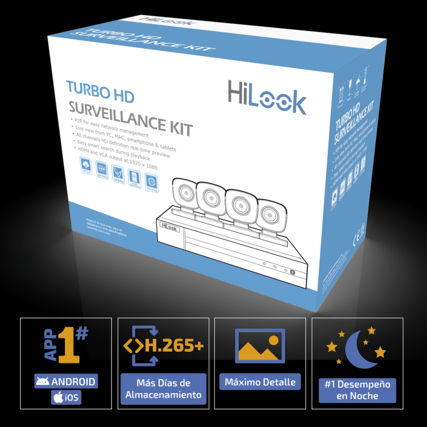 (HL24LQKITS-M(B)) KIT TurboHD 1080p / DVR 4 canales / 4 Cámaras Bala de Metal / H.265+ / 1 Fuente de Poder Profesional / Accesorios de Instalación