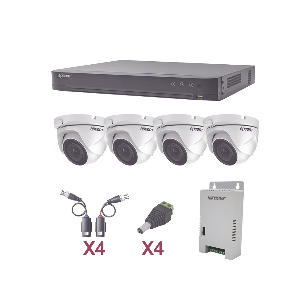 (KEVTX8T4EW) KIT TurboHD 1080p / DVR 4 Canales / 4 Cámaras Eyeball (exterior 2.8 mm) / Transceptores / Conectores / Fuente de Poder Profesional