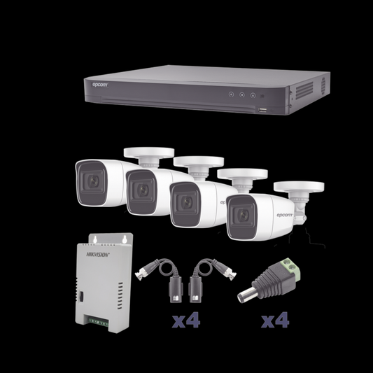 (KEVTX8T4BW/A) KIT TurboHD 1080p / DVR 4 Canales / 4 Cámaras Bala Policarbonato con Audio Integrado (exterior 2.8 mm) / Transceptores / Conectores / Fuente de Poder Profesional