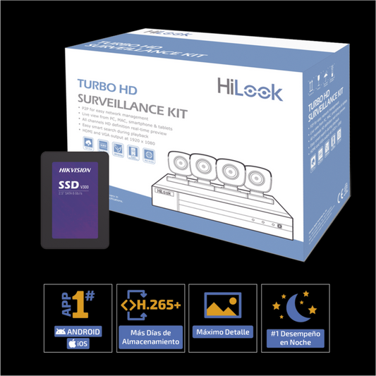 (HL24LQKITS-M(B)/512GB) KIT TurboHD 1080p + SSD de 500 GB / DVR 4 canales / 4 Cámaras Bala de Metal / Fuente de Poder / Accesorios de Instalación