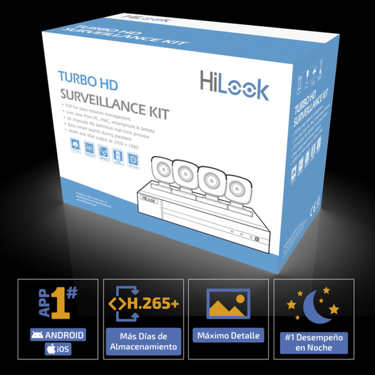 (HL24LQKITS-M(B)) KIT TurboHD 1080p / DVR 4 canales / 4 Cámaras Bala de Metal / H.265+ / 1 Fuente de Poder Profesional / Accesorios de Instalación