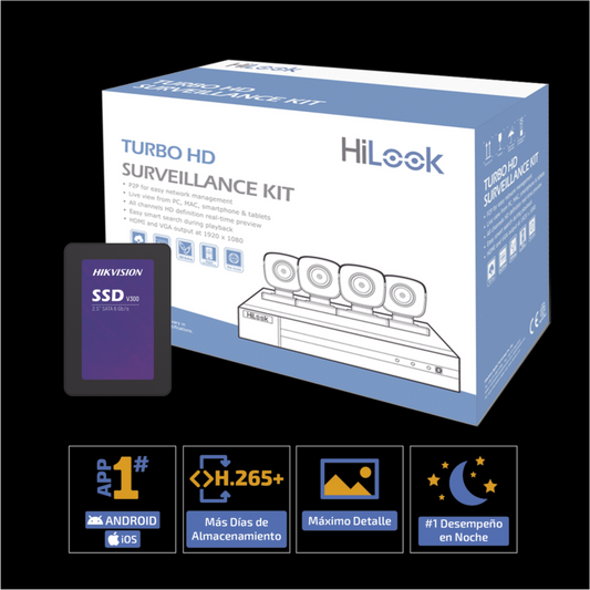 (HL24LQKITS-M(B)/1TB) KIT TurboHD 1080p + SSD de 1 TB (1024 GB) / DVR 4 canales / 4 Cámaras Bala de Metal / Fuente de Poder / Accesorios de Instalación