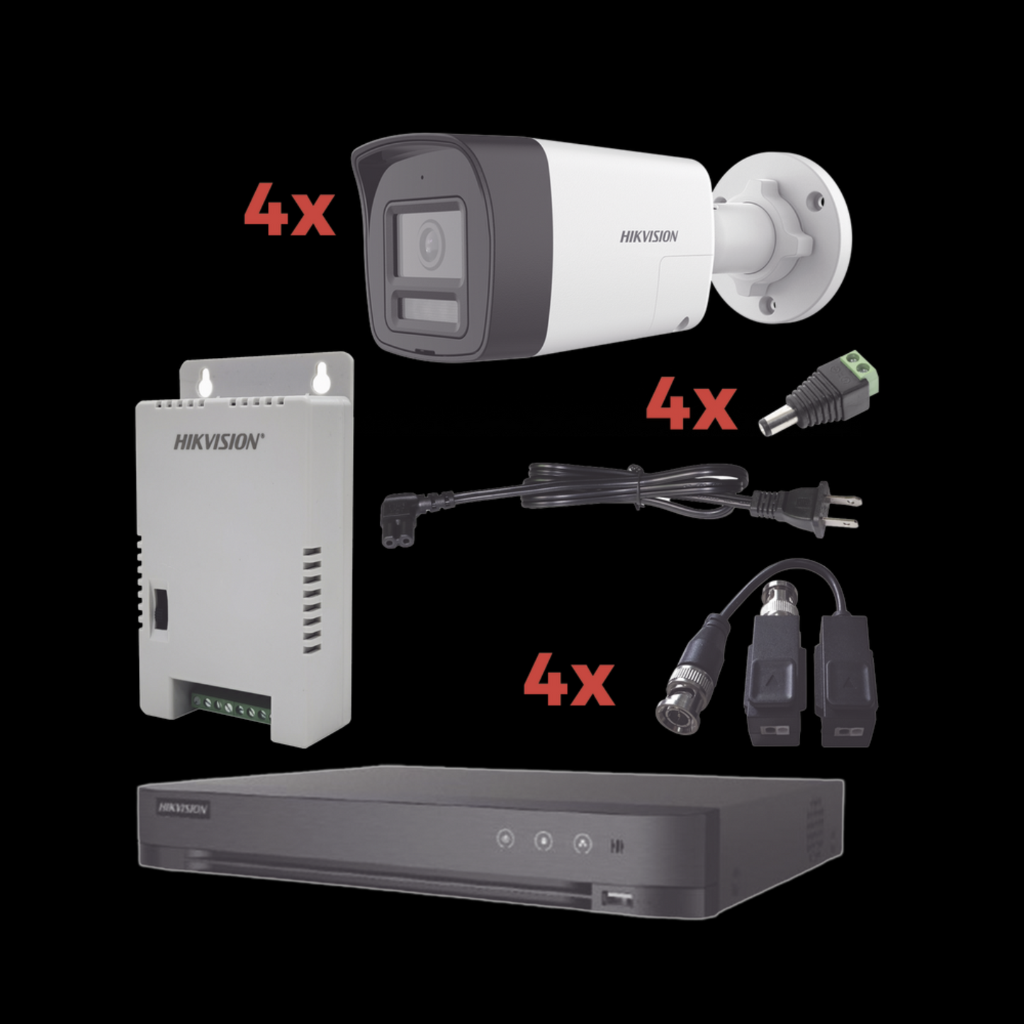 (KH-1080P-4B-TWA) Kit Audio Bidireccional TurboHD 1080p / DVR 4 Canales / 4 Cámaras Bala (Exterior) con Bocina y Microfóno Integrado / 1 Fuente de Poder / Accesorios