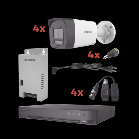 (KH-1080P-4B-TWA) Kit Audio Bidireccional TurboHD 1080p / DVR 4 Canales / 4 Cámaras Bala (Exterior) con Bocina y Microfóno Integrado / 1 Fuente de Poder / Accesorios