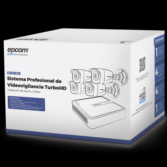 (B8-KIT-MIC) (MICRÓFONO Integrado) Kit TurboHD 1080p Lite / DVR 4 canales / Audio por Coaxitron / 4 Cámaras Bala de Metal con Micrófono Integrado