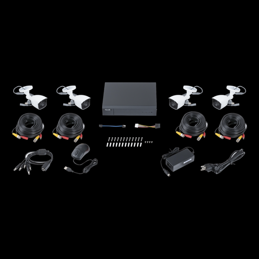 (HL24LQKITS-M(B)) KIT TurboHD 1080p / DVR 4 canales / 4 Cámaras Bala de Metal / H.265+ / 1 Fuente de Poder Profesional / Accesorios de Instalación