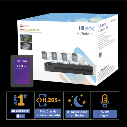 (HL-1080-CV/A/512 GB) Kit TurboHD 1080p + SSD 500 GB / DVR 4 Canales / 4 Cámaras Bala ColorVu con Micrófono Integrado / Fuente de Poder / Accesorios de Instalación